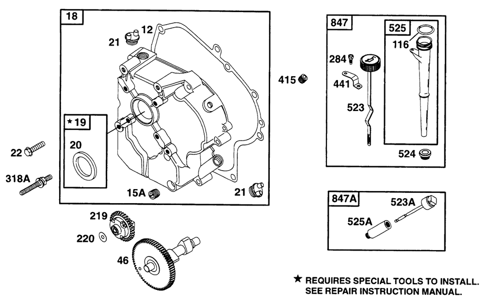 Crankcase Cov, Cam, Oil Fill Diagram and Parts List for 190412-6130-XX  Briggs and Stratton Engine